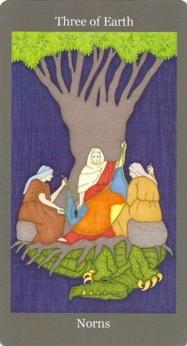 3 of Earth (Pentacles) ~ Norns - Dark Goddess Tarot by Ellen Lorenzi-Prince