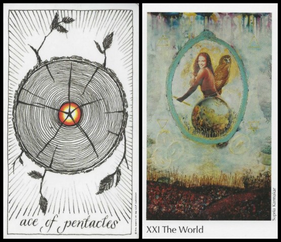 Ace of Pentacles - The Wild Unknown Tarot, The World - The Elora Tarot