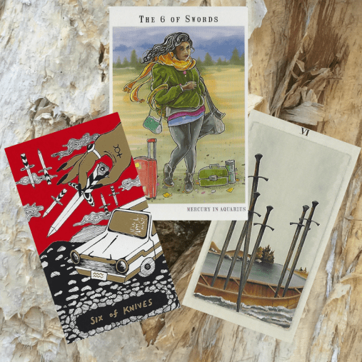 Six of Swords - Slow Holler Tarot, Next World Tarot, Pagan Otherworlds Tarot and paperbark.png