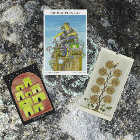 Nine of Pentacles - Tarot of the Crone; Next World Tarot; Pagan Otherworlds Tarot