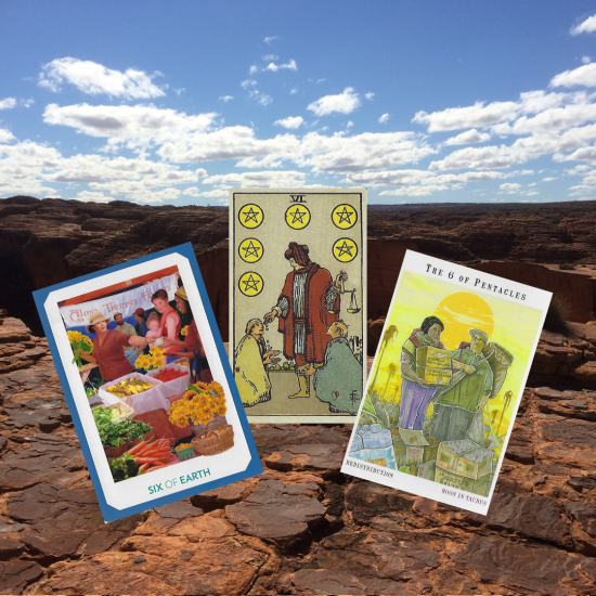 Six of Pentacles - Gaian Tarot; Smith-Waite Commemorative Tarot Deck; Next World Tarot II